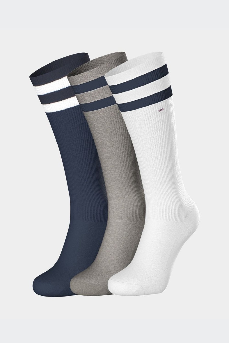 Eden Park Set Of 3 Pairs Of Navy High Socks With Striped Cuffs In Stretch Cotton | Socks