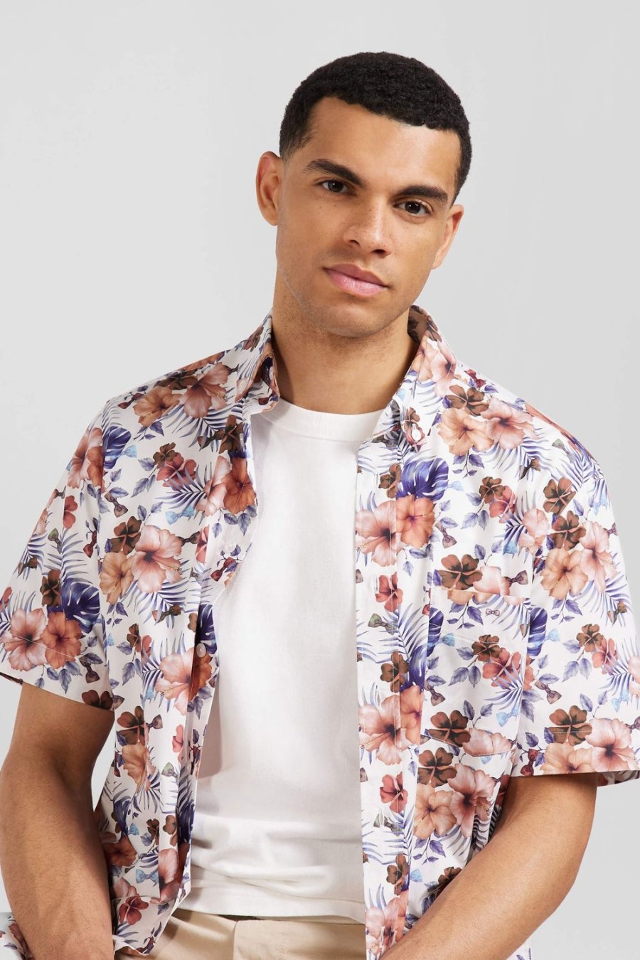 Eden Park White Shirt With Exclusive Floral Print | Short-Sleeved Shirts