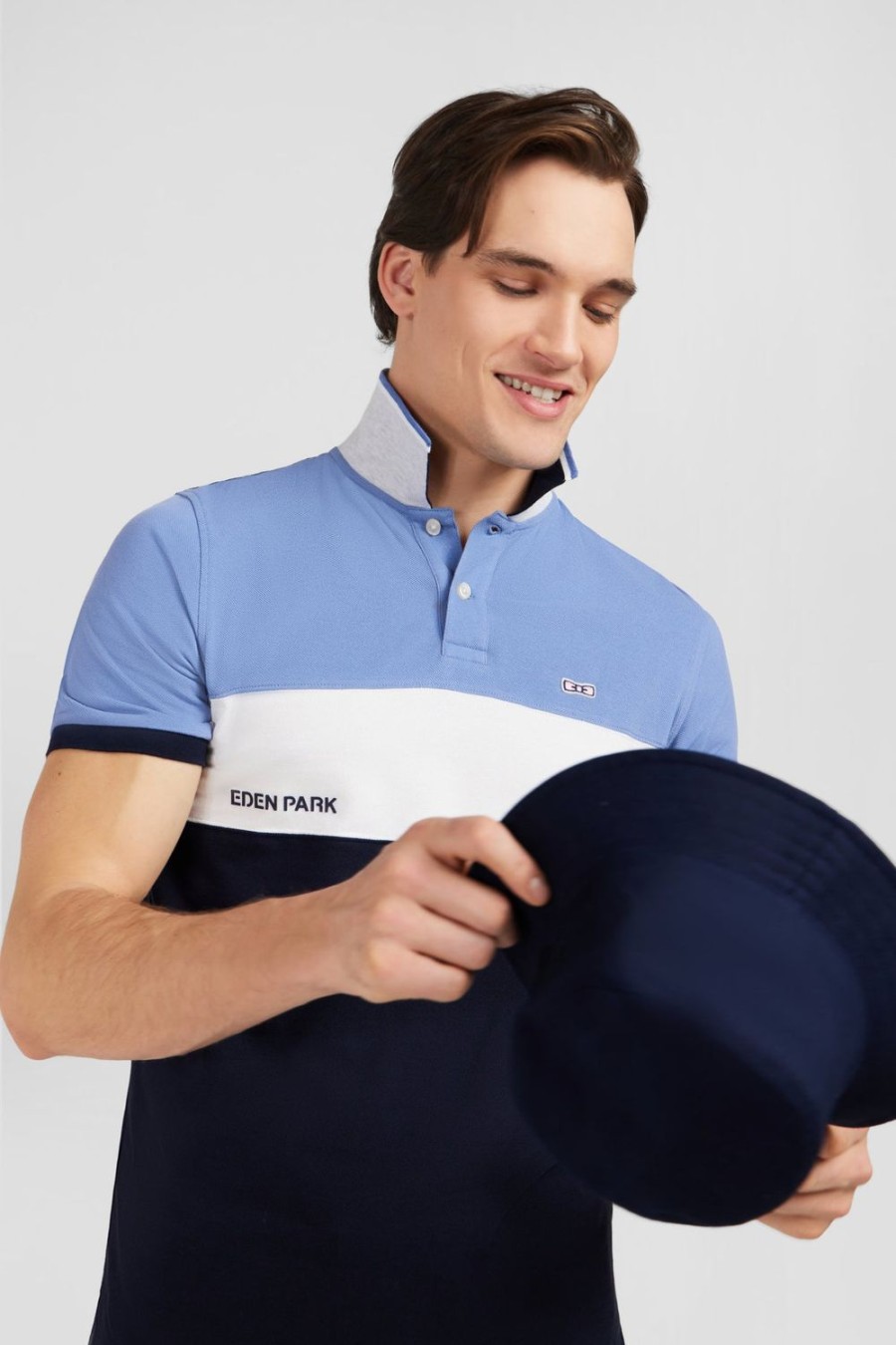 Eden Park Short-Sleeved Blue Colour-Block Polo Shirt | Polos