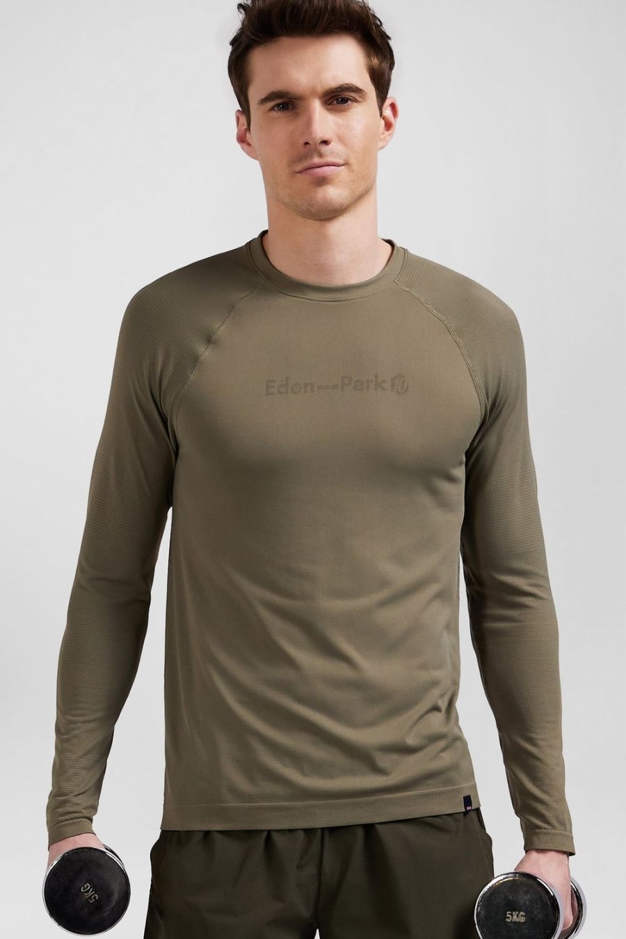 Eden Park Khaki Green Long-Sleeved Sports T-Shirt With Striped Details | T-Shirts