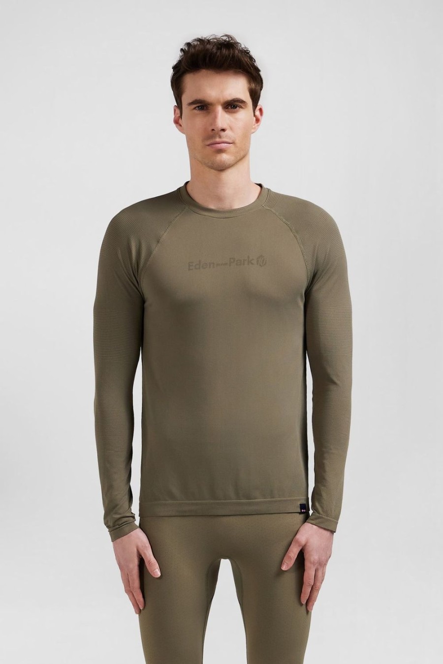 Eden Park Khaki Green Long-Sleeved Sports T-Shirt With Striped Details | T-Shirts