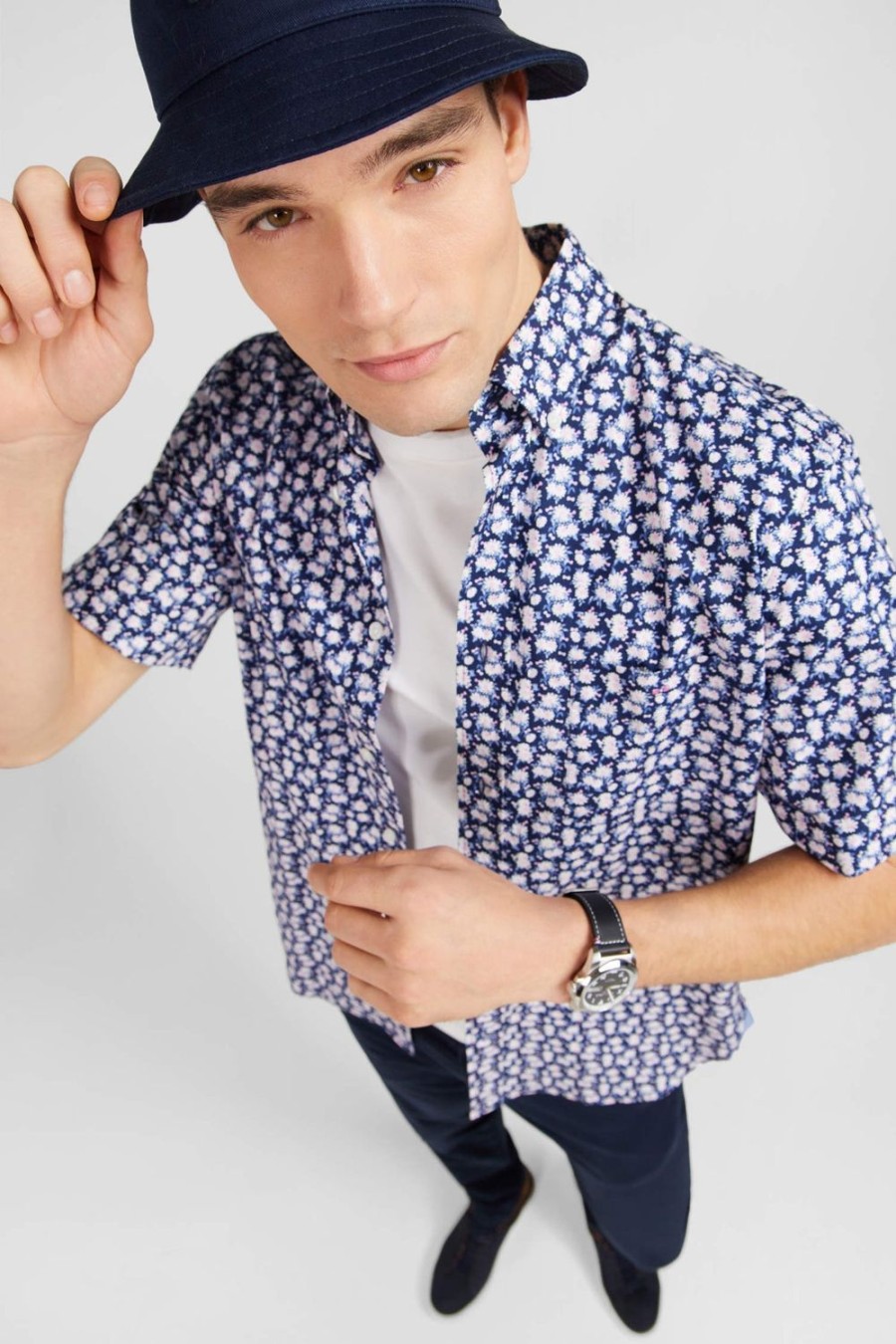 Eden Park Navy Blue Shirt With Flower Print | Short-Sleeved Shirts