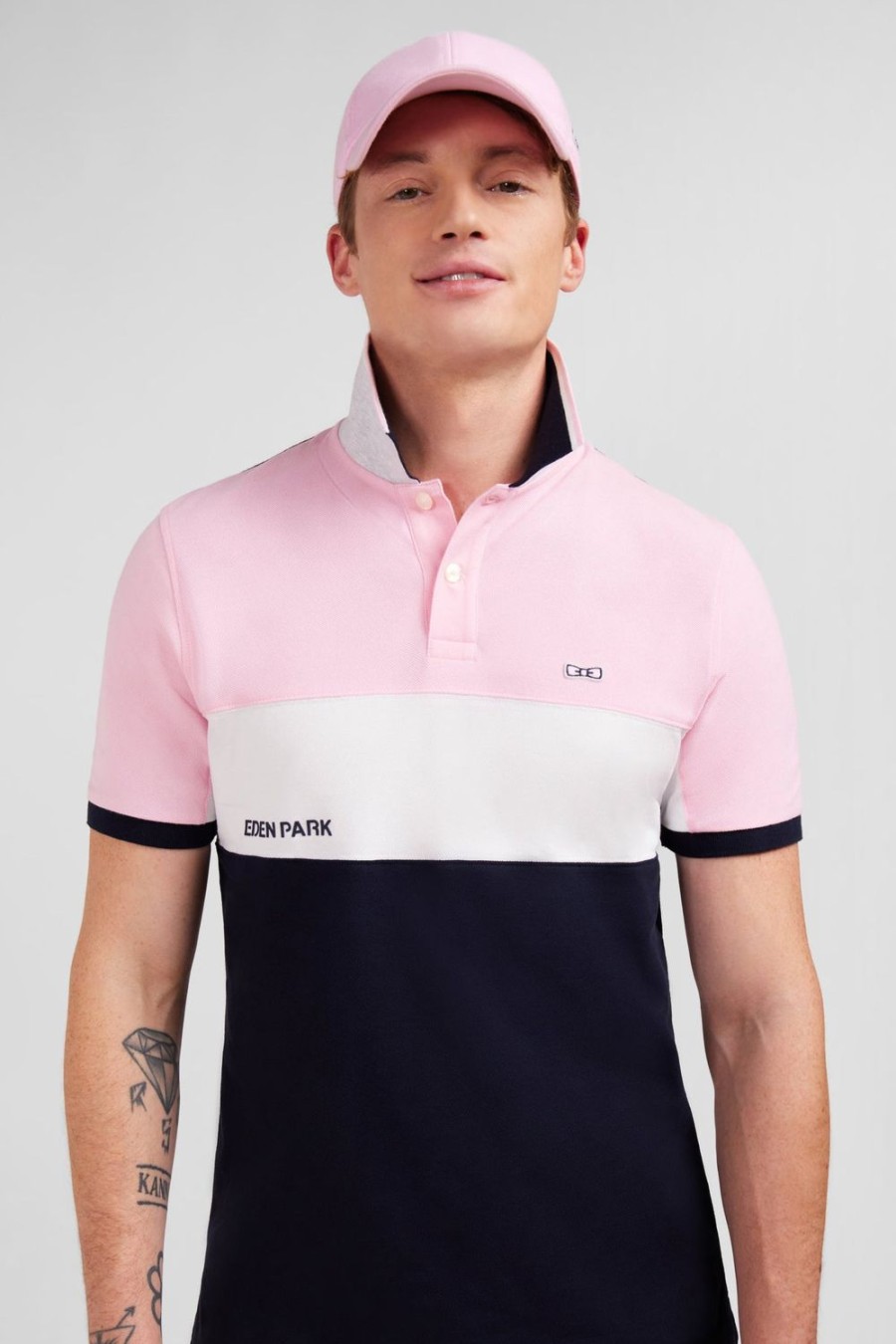 Eden Park Pink Short-Sleeved Colour-Block Polo Shirt | Polos