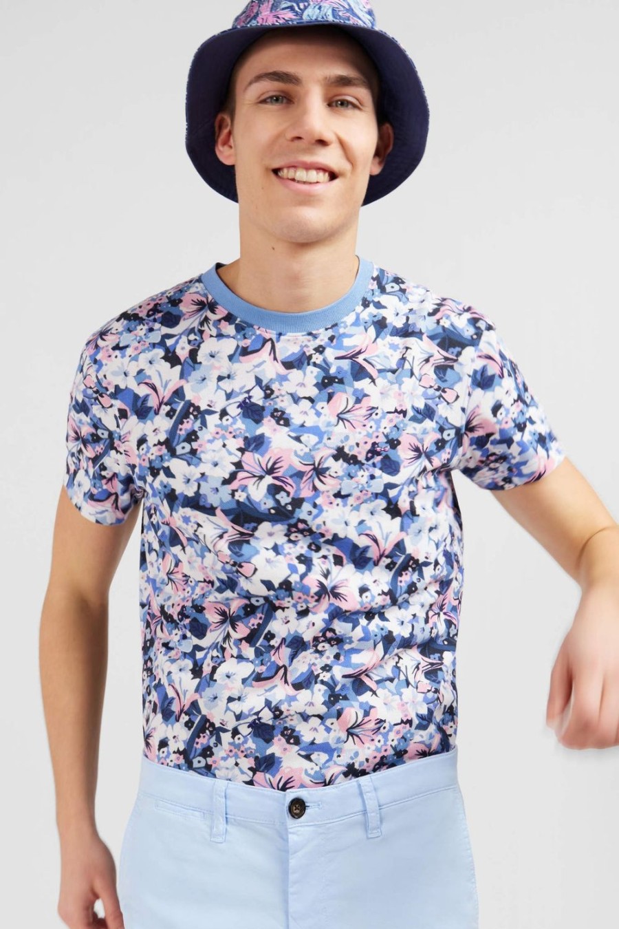 Eden Park Blue Cotton Pique T-Shirt With Floral Print | T-Shirts