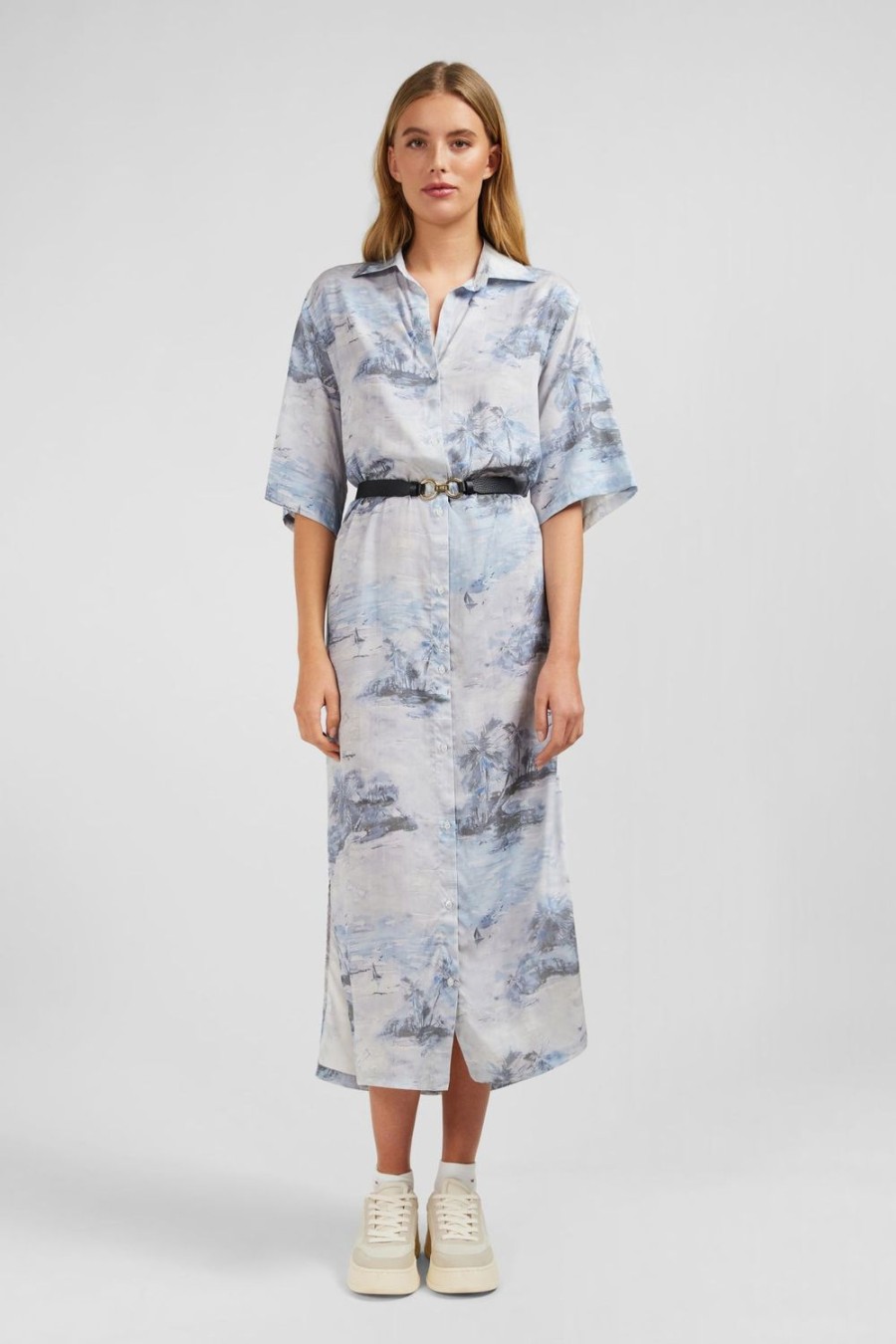 Eden Park Blue Lyocell Shirt Dress With Palm Trees Print | Dresses