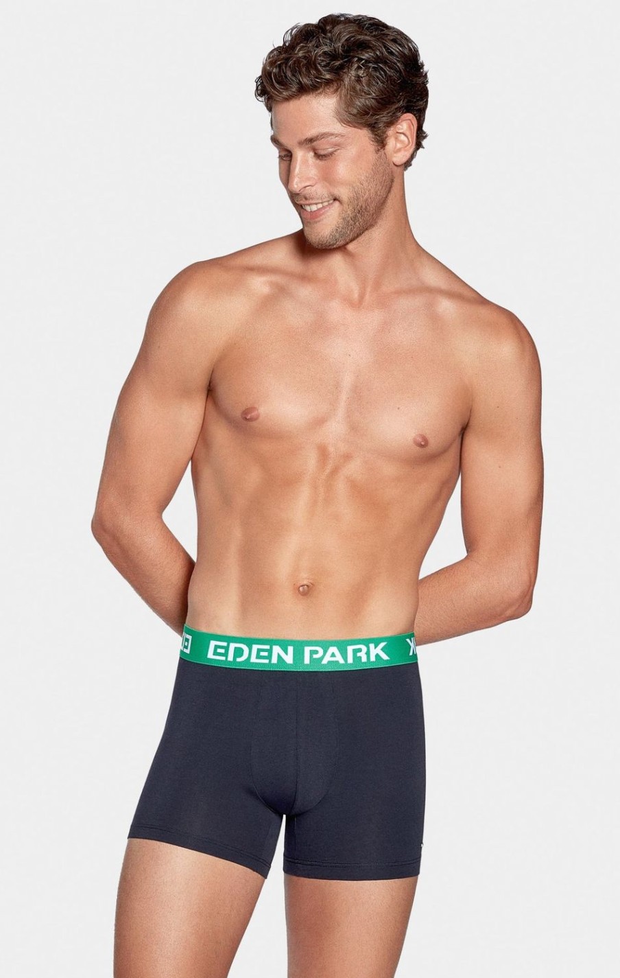 Eden Park Stretch Cotton Navy Boxers With Green Elastic Waistband | Underwear