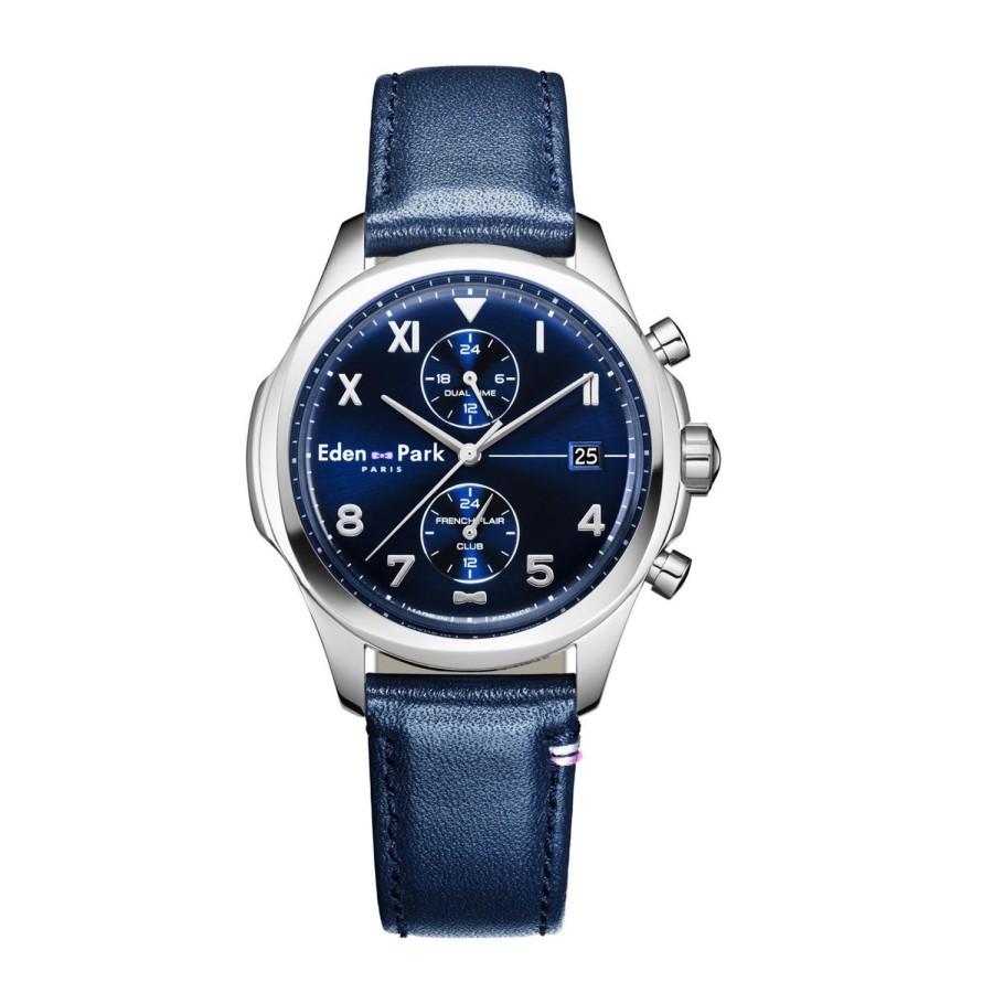 Eden Park Dual Time Quartz Watch in Dark Blue Leather | Watch