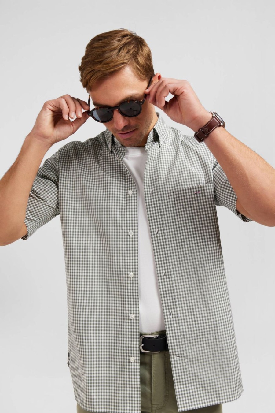 Eden Park Checked Khaki Shirt | Short-Sleeved Shirts