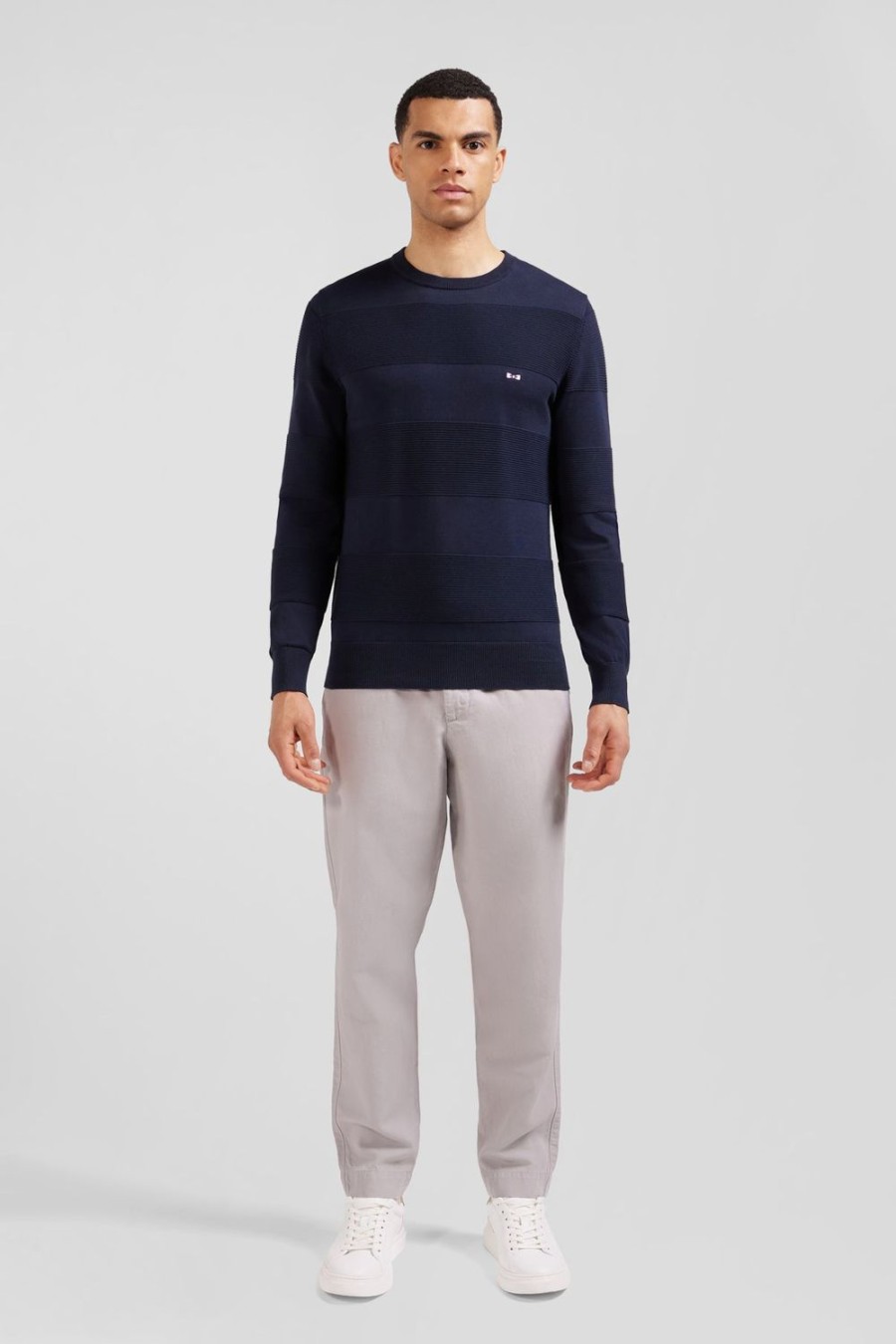 Eden Park Navy Round Neck Sweater In Cotton Combination Knit | Sweaters