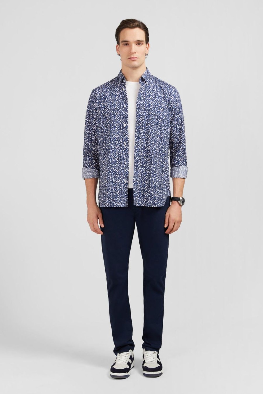 Eden Park Navy Blue Shirt With A Floral Micro Motif | Shirts