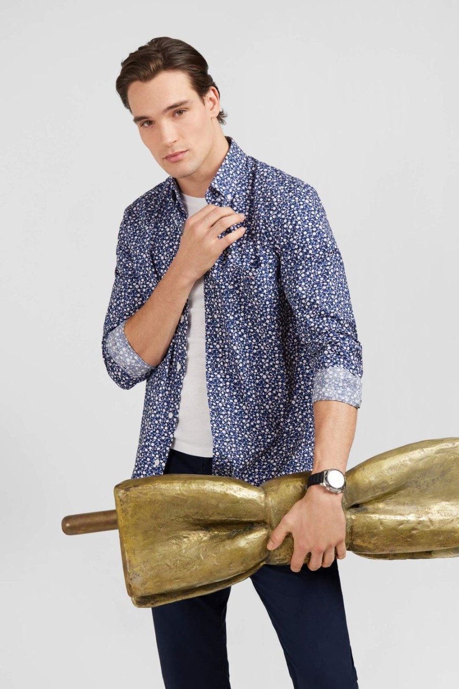 Eden Park Navy Blue Shirt With A Floral Micro Motif | Shirts