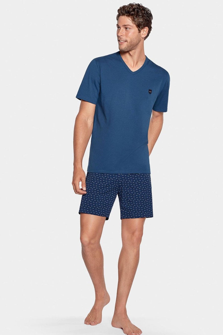 Eden Park Cotton Jersey Short Blue Pyjamas With Micropatterned Shorts | Pyjamas