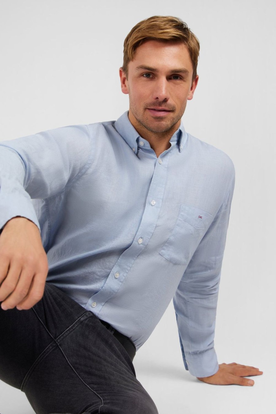 Eden Park Plain Light Blue Shirt In Linen | Shirts