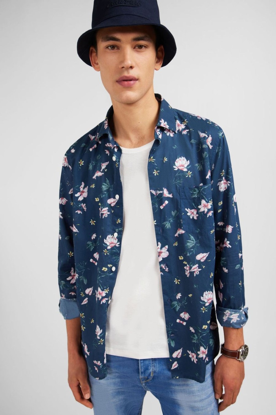 Eden Park Dark Blue Cotton Shirt With Flower Print | Shirts