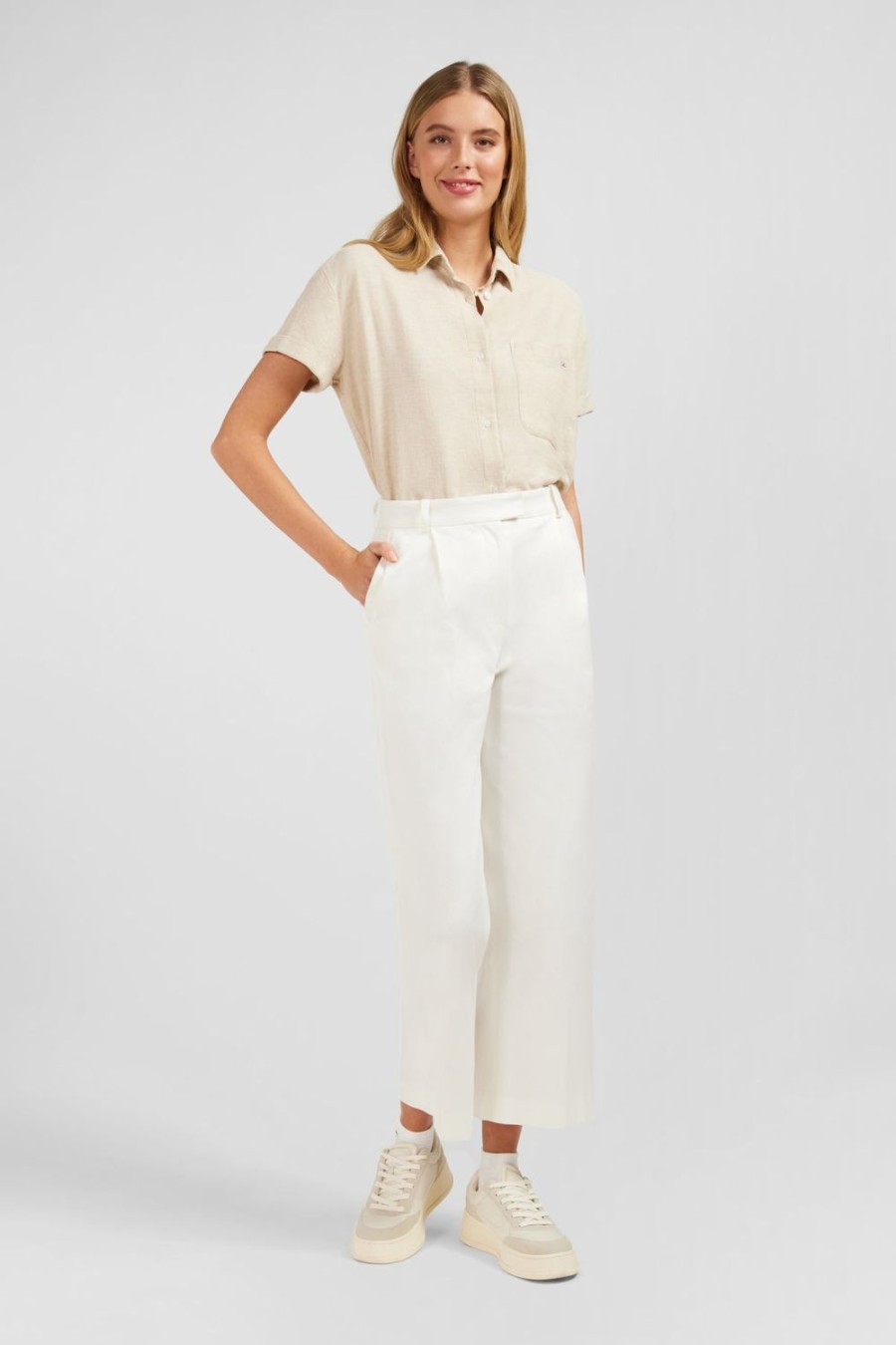 Eden Park Beige Blended Linen Elastic Waistband Pants In Slim Fit Cut | Pants