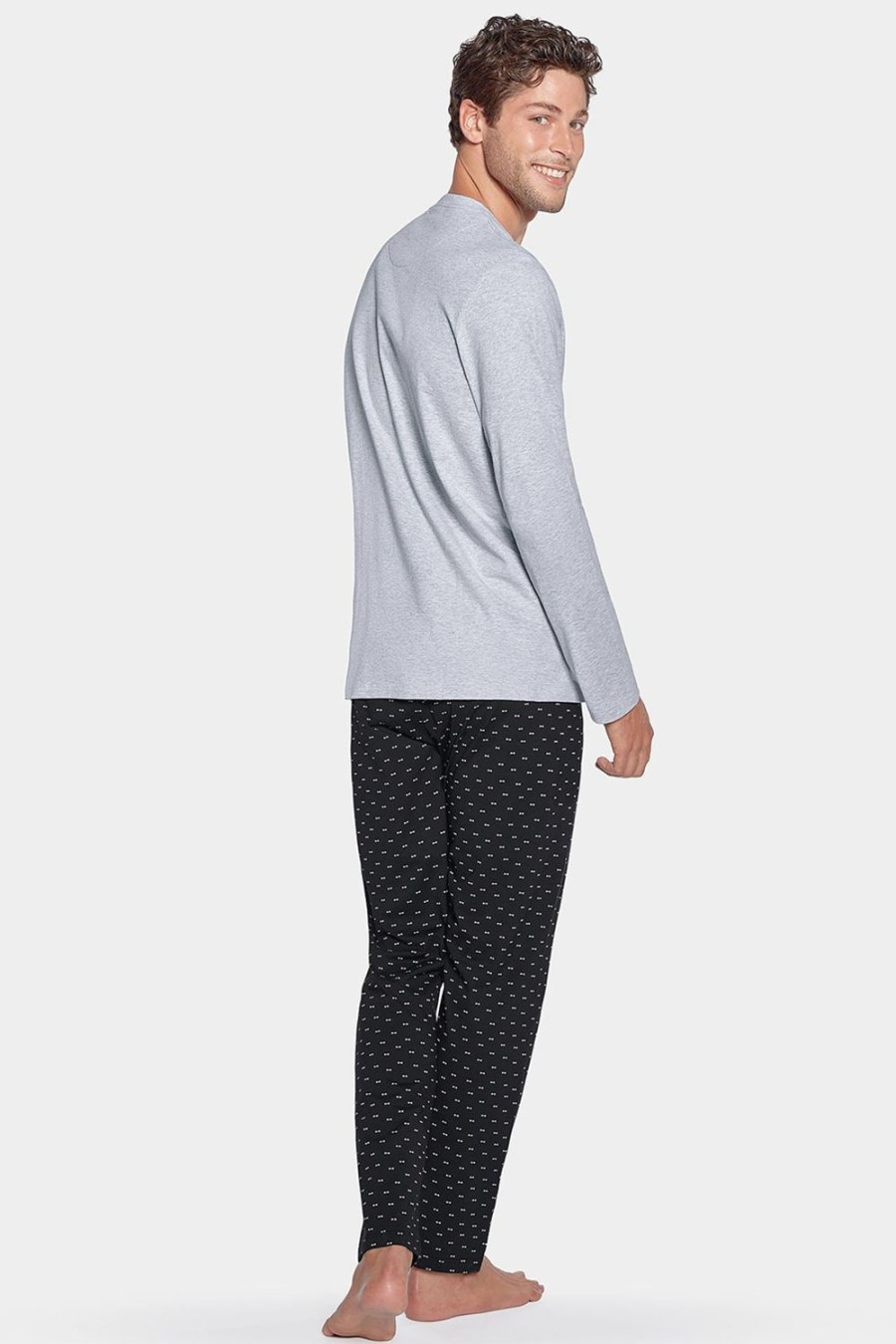 Eden Park Long Grey Cotton Jersey Pyjamas With Micro Pattern | Pyjamas