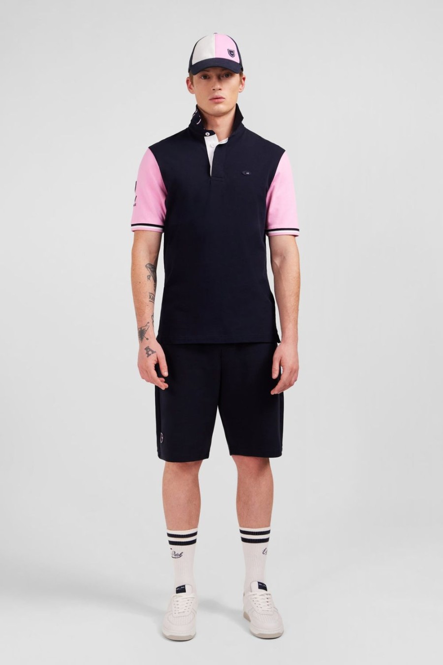 Eden Park Pink Colour-Block Polo Shirt With Rooster Embroidery On The Back | Rugby Shirts