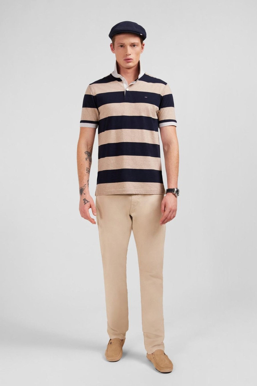 Eden Park Beige Striped Short-Sleeved Polo Shirt | Polos