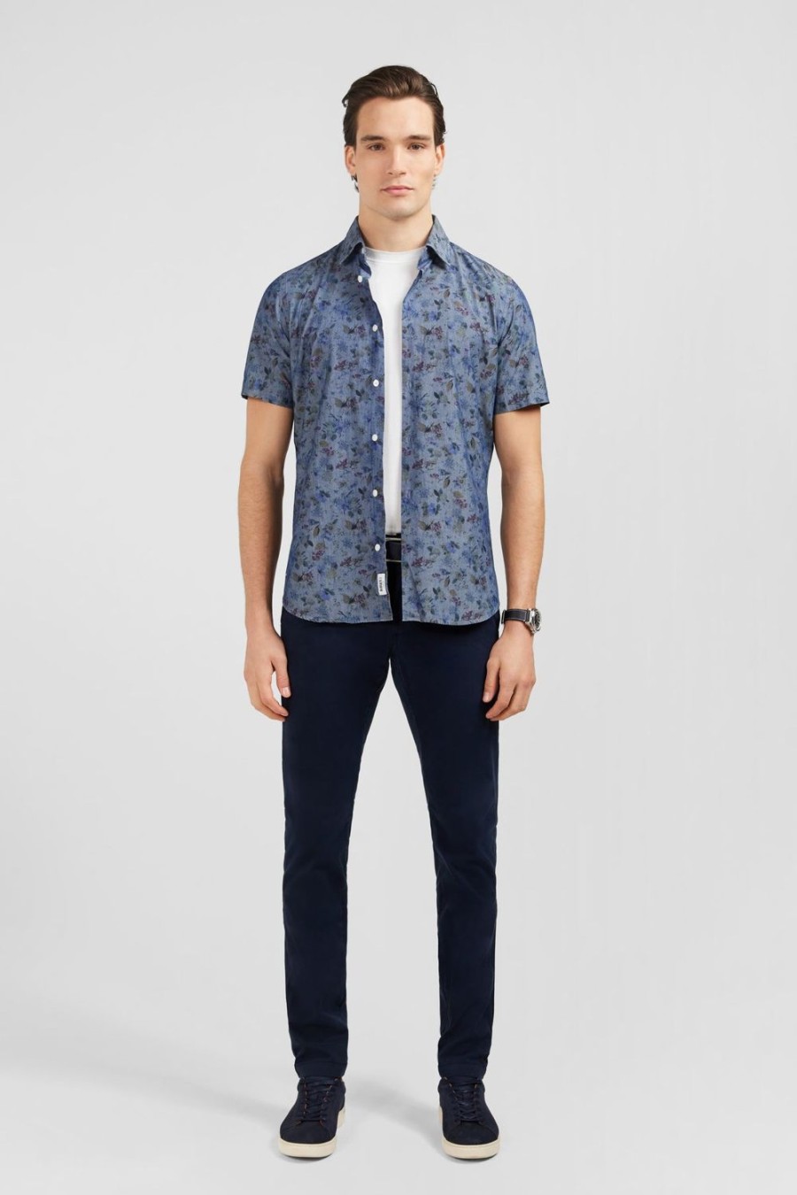 Eden Park Denim Shirt With Flower And Leaves Print | Short-Sleeved Shirts