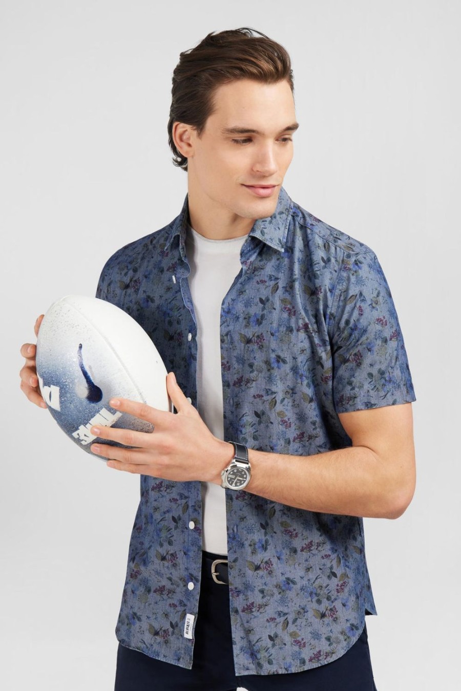 Eden Park Denim Shirt With Flower And Leaves Print | Short-Sleeved Shirts