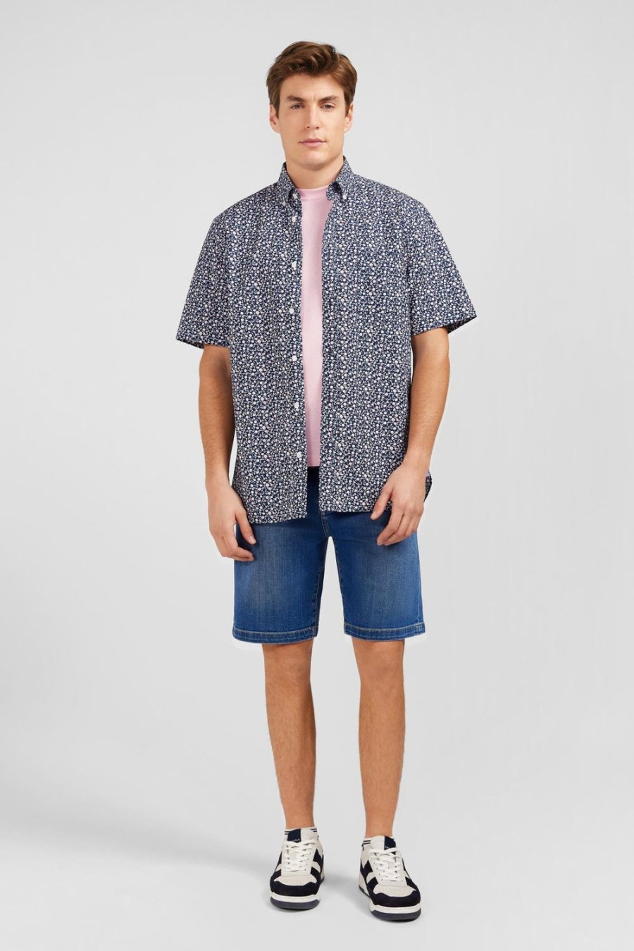 Eden Park Navy Blue Shirt With Exclusive Floral Print | Short-Sleeved Shirts