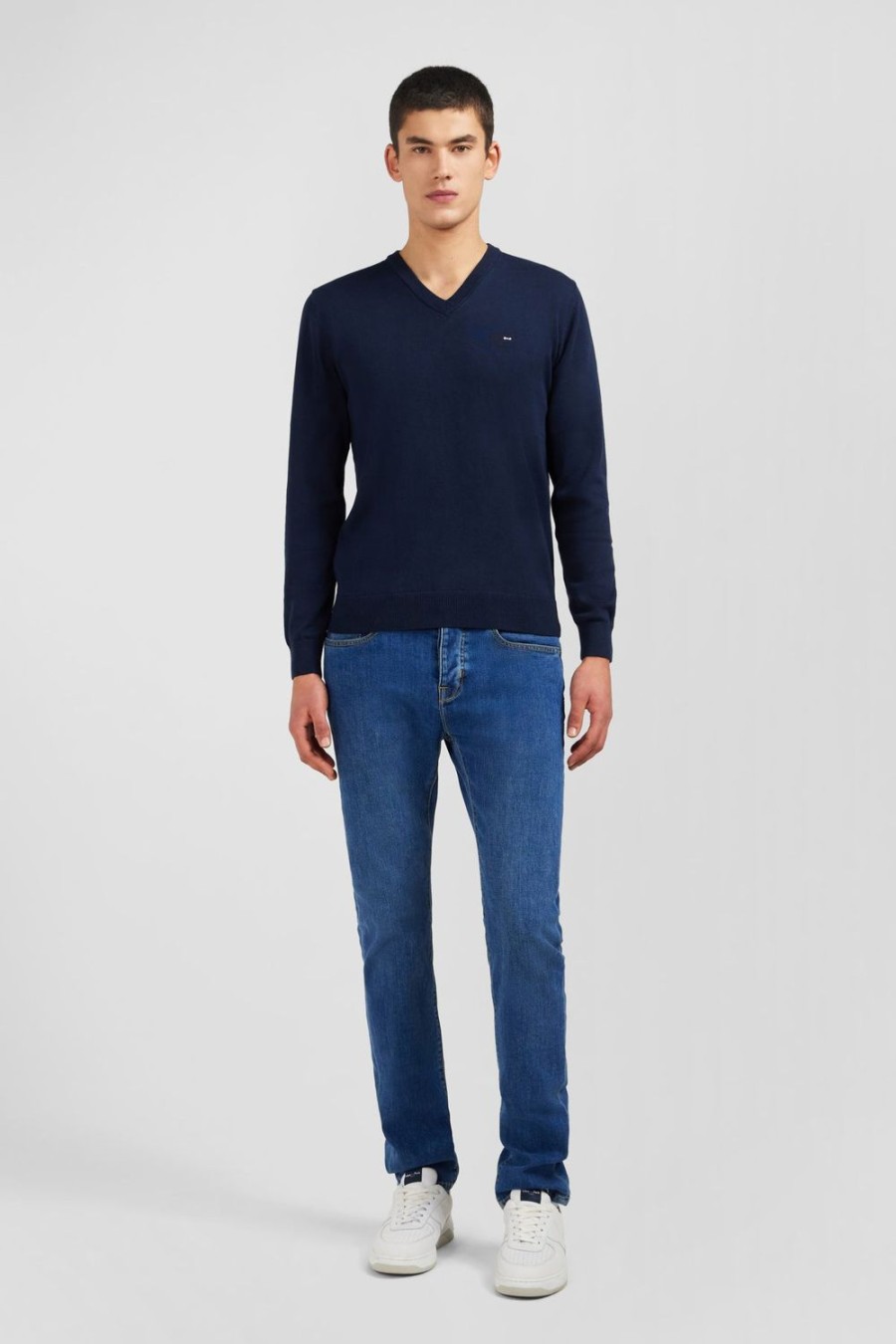 Eden Park Navy Blue V-Neck Cotton Jersey Jumper | Sweaters