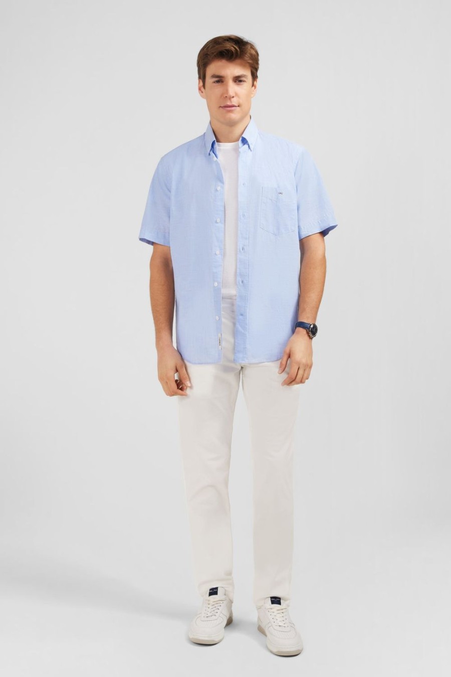 Eden Park Blue Shirt In Cotton Dobby | Short-Sleeved Shirts