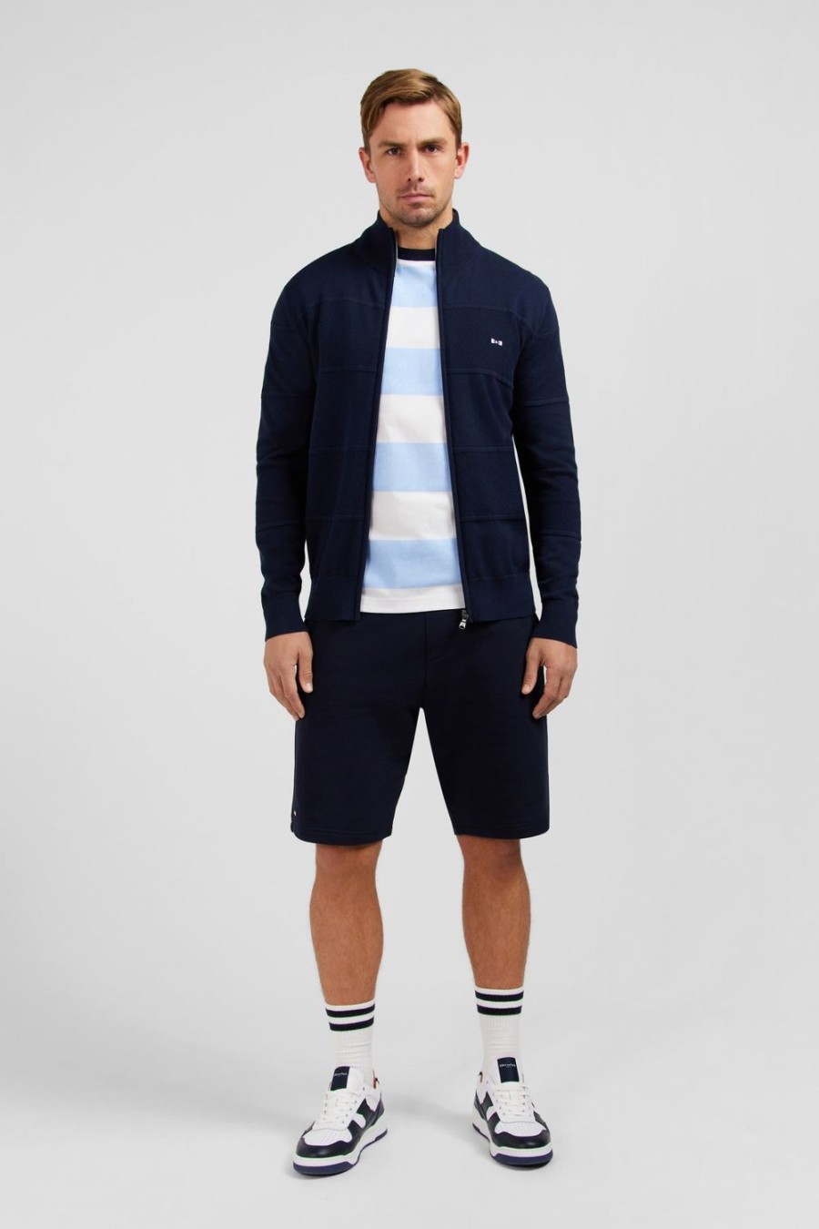 Eden Park Navy Blue Zip Cardigan In Combination Knit | Cardigans