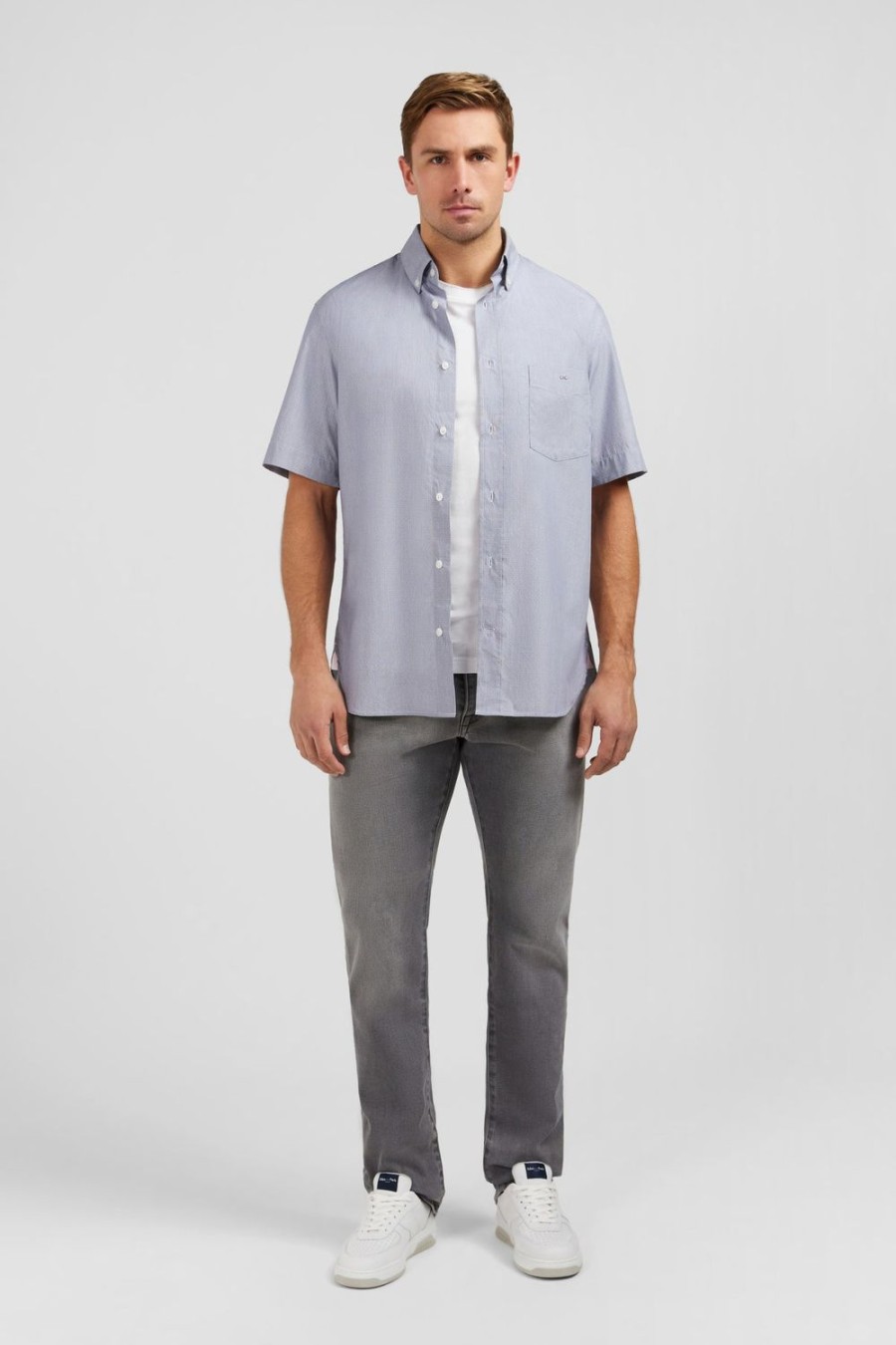 Eden Park Blue Shirt In Cotton Dobby | Short-Sleeved Shirts