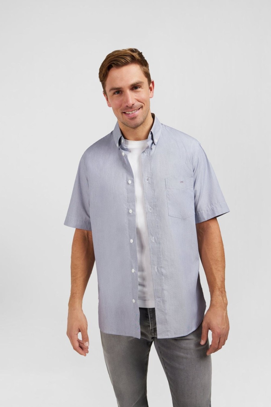 Eden Park Blue Shirt In Cotton Dobby | Short-Sleeved Shirts