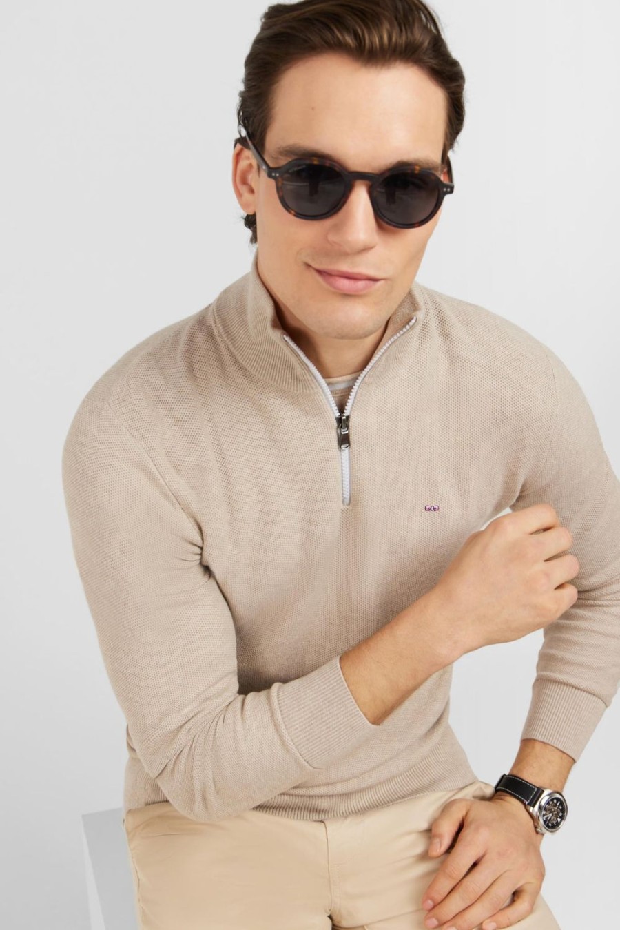 Eden Park Beige Semi-Zipped Sweater | Sweaters