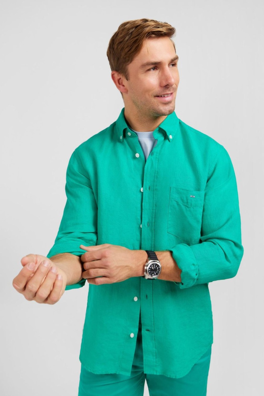 Eden Park Plain Green Linen Shirt | Shirts