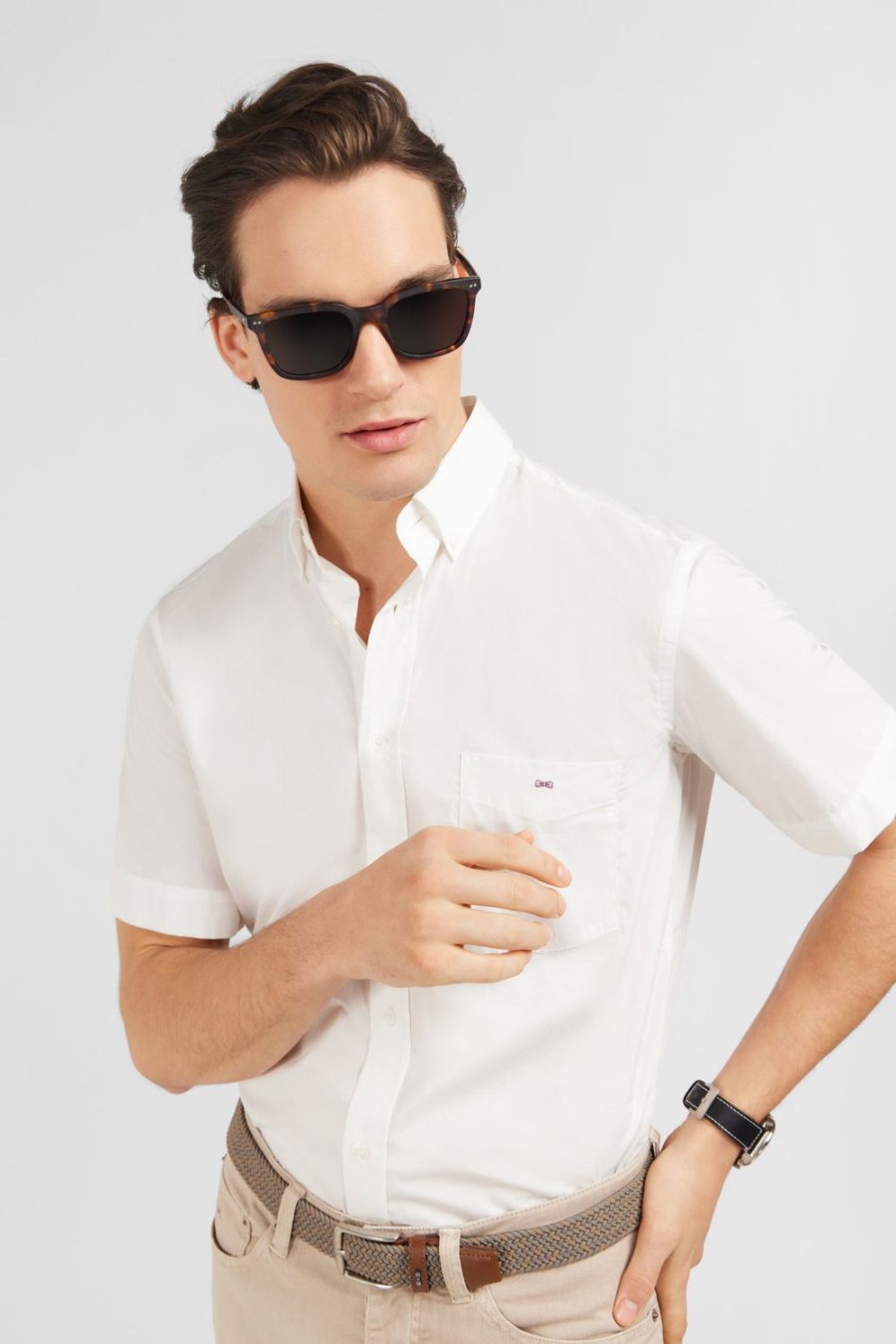 Eden Park White Shirt In Cotton Dobby | Short-Sleeved Shirts