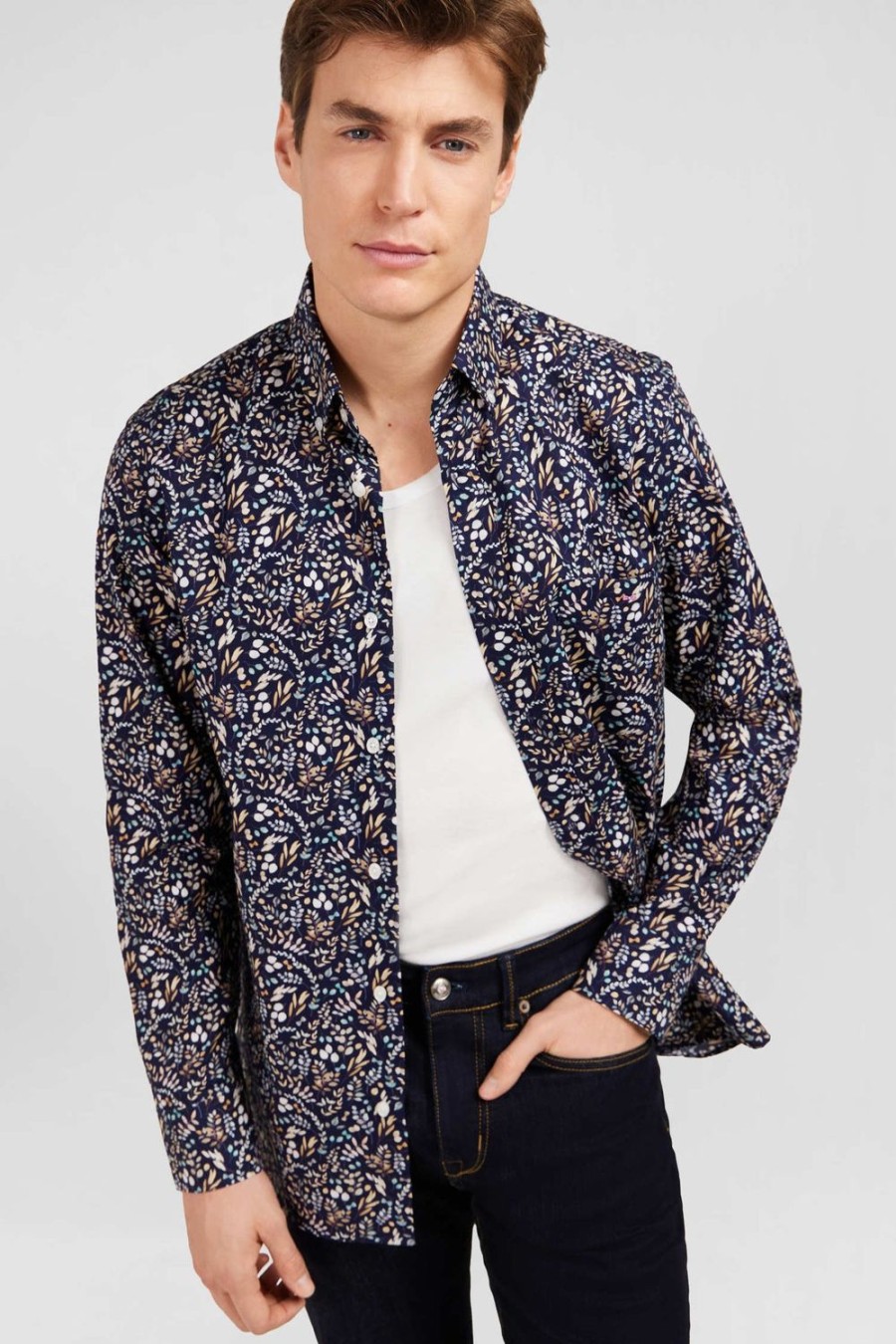 Eden Park Dark Blue Poplin Shirt With Foliage Print | Shirts