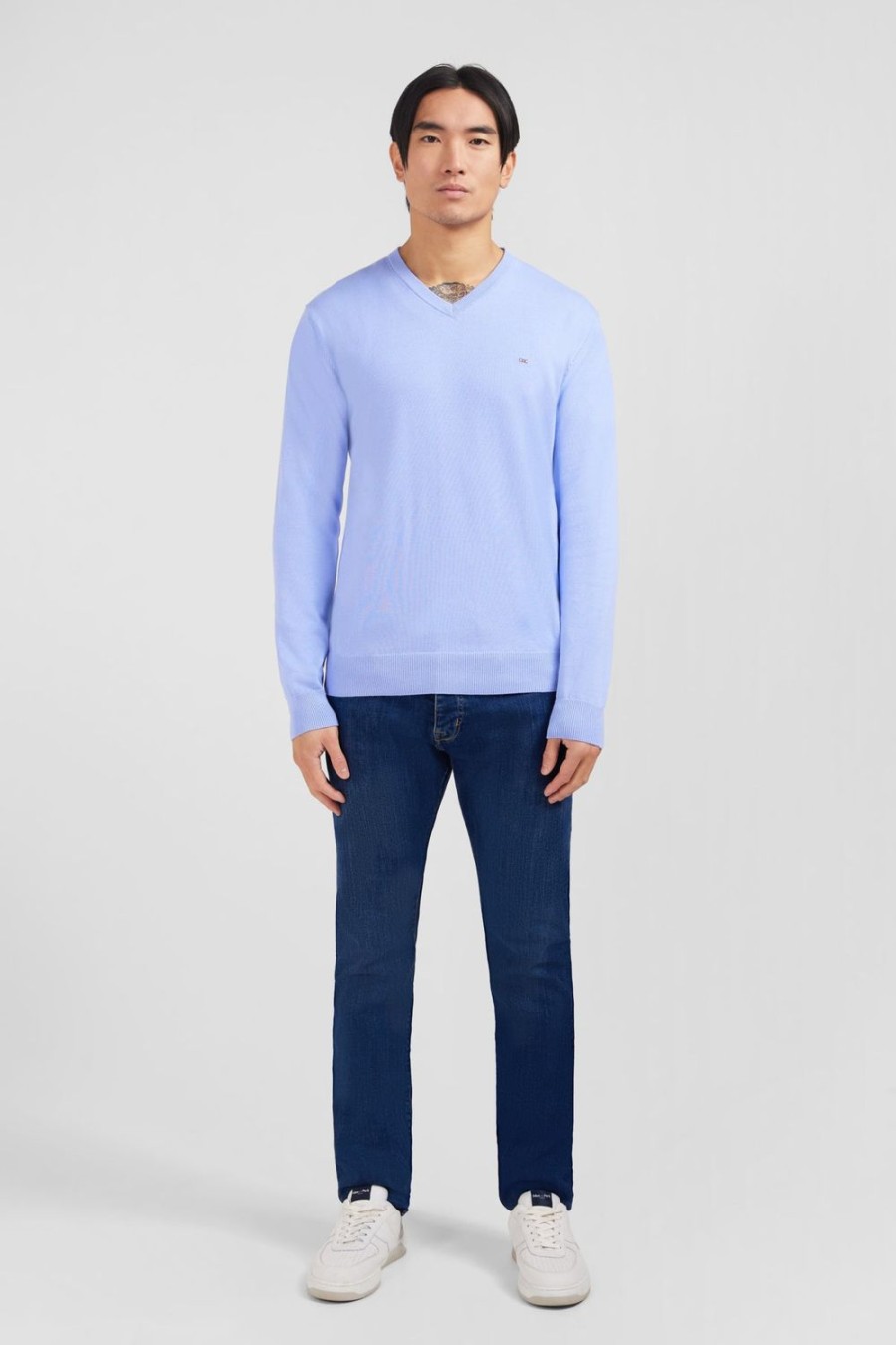 Eden Park Light Blue V-Neck Cotton Jersey Jumper | Sweaters