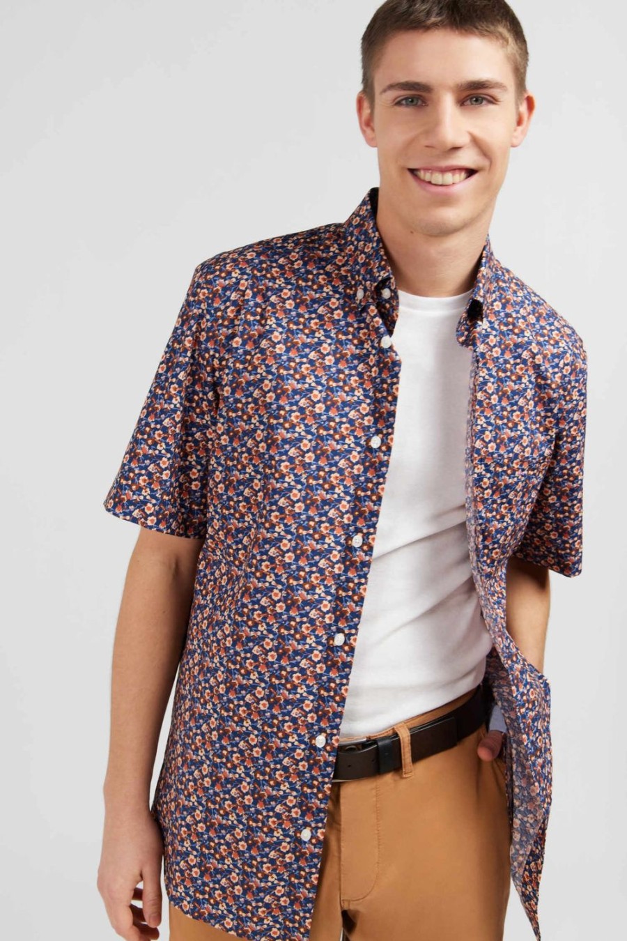 Eden Park Navy Blue Shirt With Exclusive Floral Print | Short-Sleeved Shirts