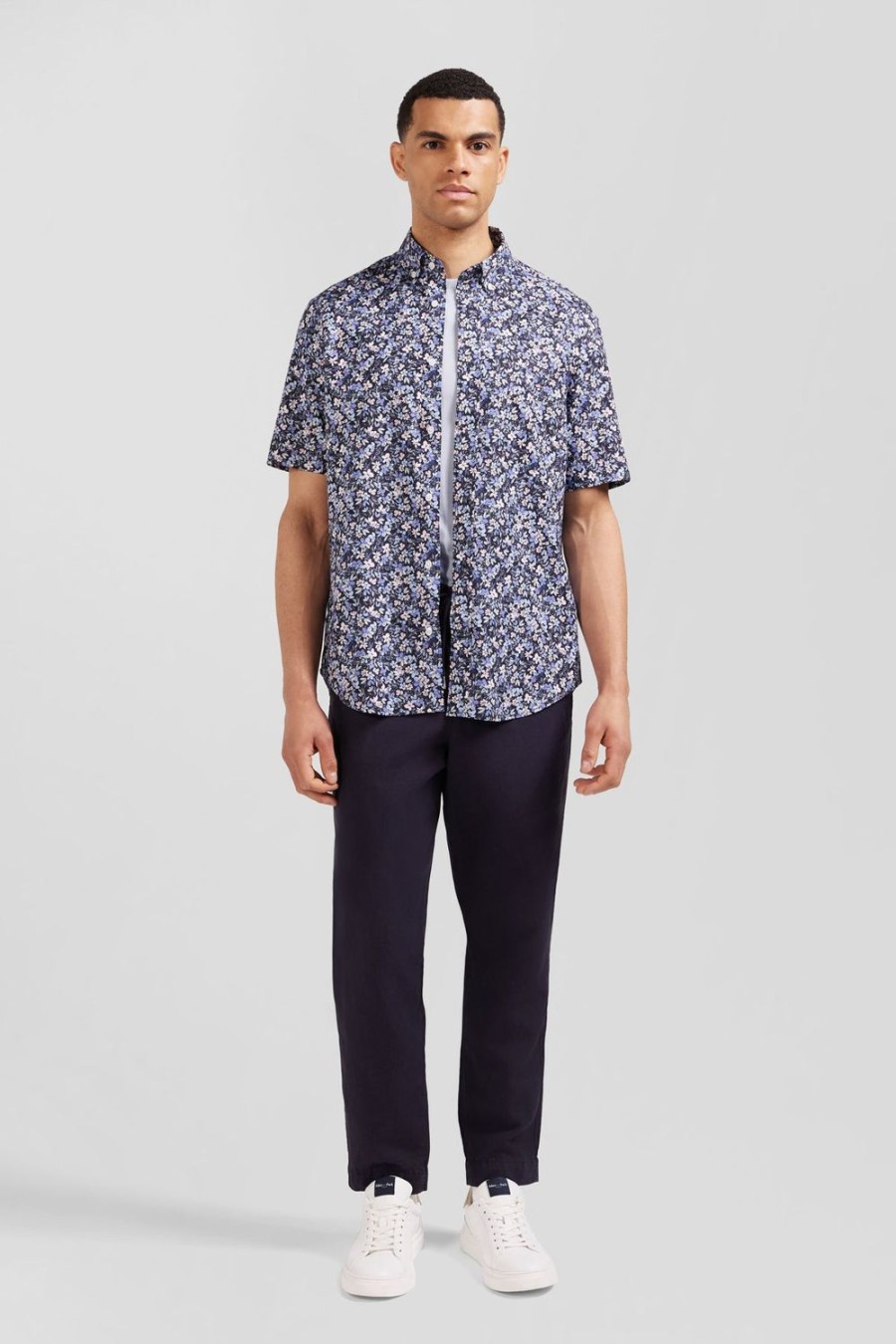 Eden Park Navy Printed Cotton Shirt In Regular Cut | Short-Sleeved Shirts