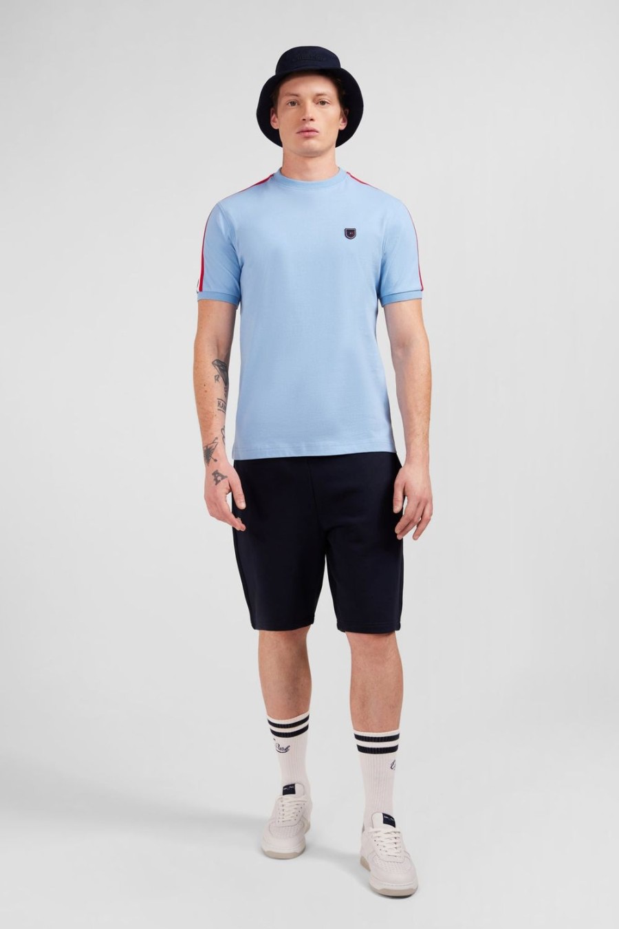 Eden Park Blue Cotton Short-Sleeved T-Shirt With Tri-Colour Shoulder Trim | T-Shirts