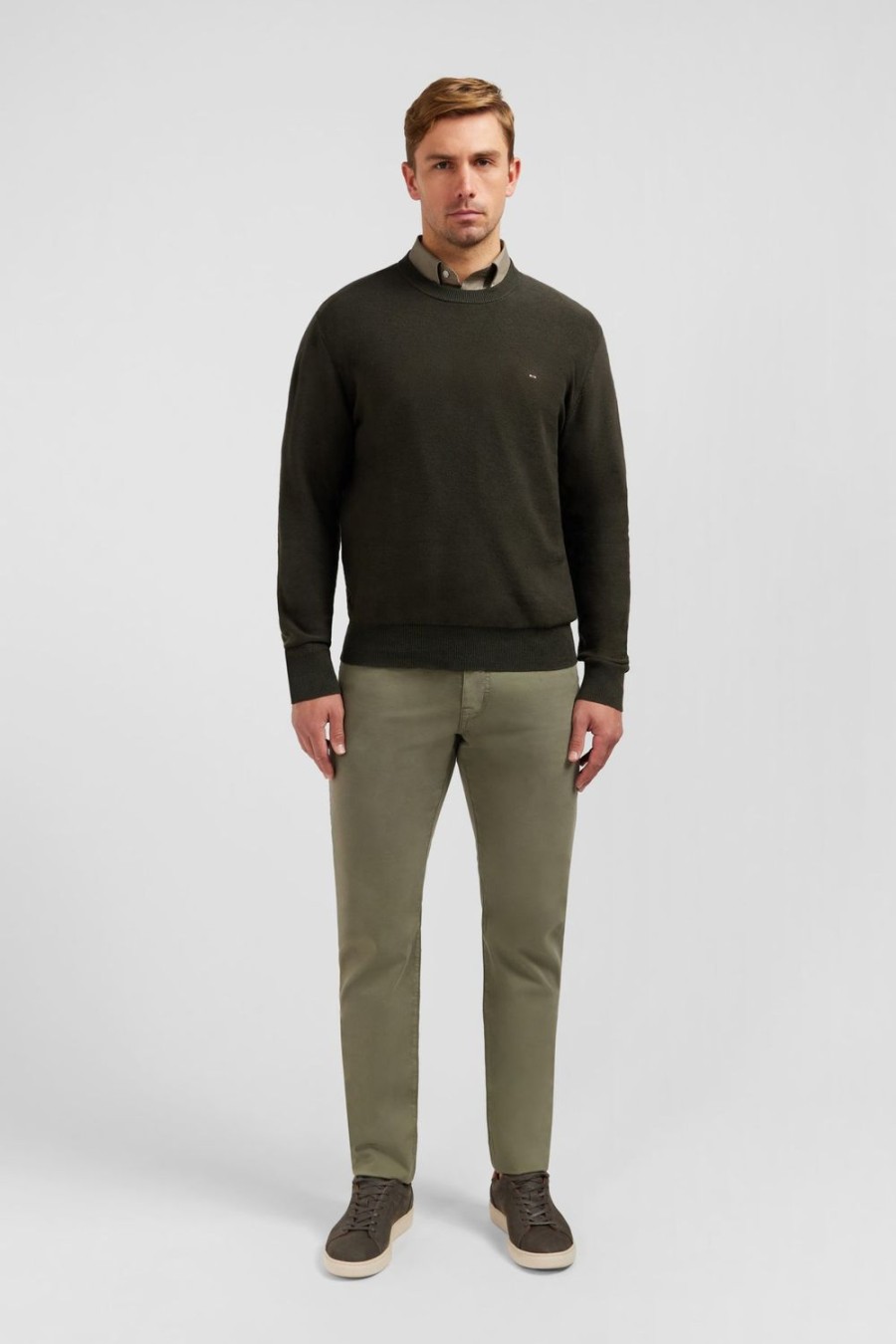 Eden Park Dark Khaki Jumper In A Linen Blend | Sweaters