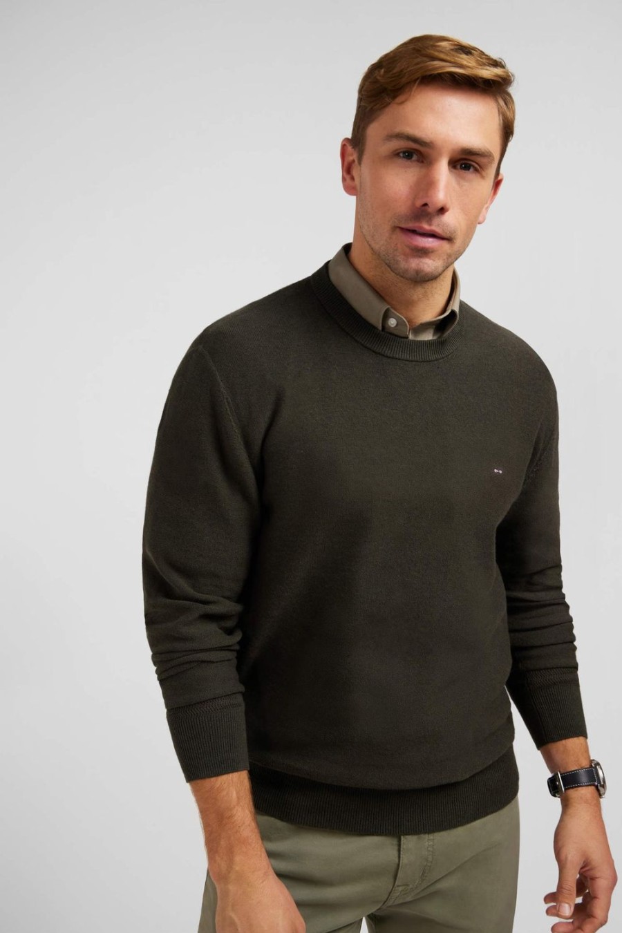 Eden Park Dark Khaki Jumper In A Linen Blend | Sweaters