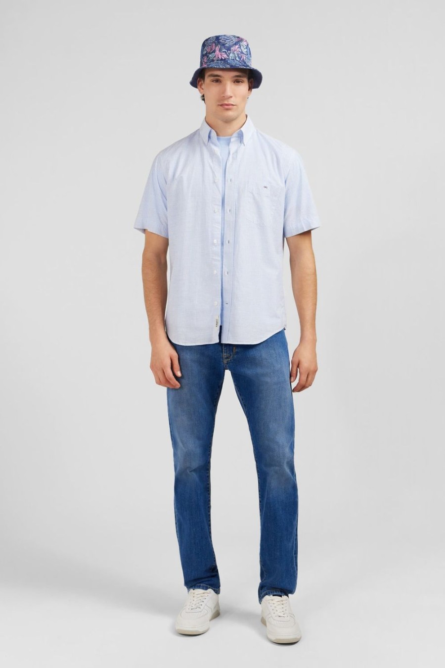 Eden Park Blue Striped Shirt In Cotton Dobby | Short-Sleeved Shirts