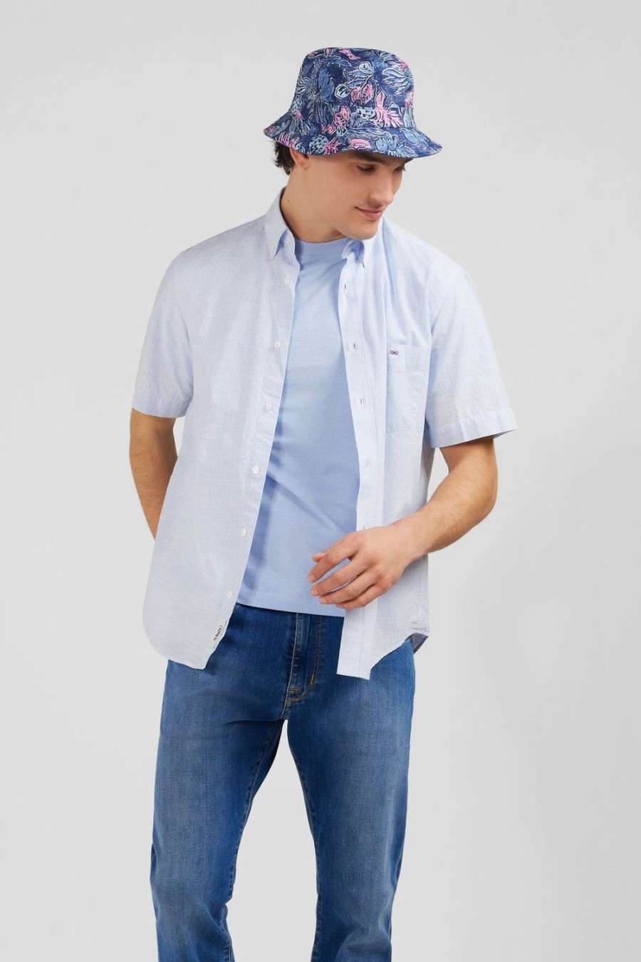 Eden Park Blue Striped Shirt In Cotton Dobby | Short-Sleeved Shirts