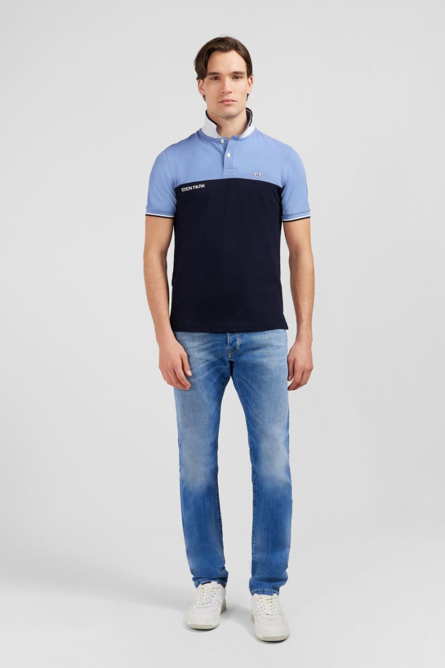 Eden Park Short-Sleeved Blue Colour-Block Polo Shirt | Polos