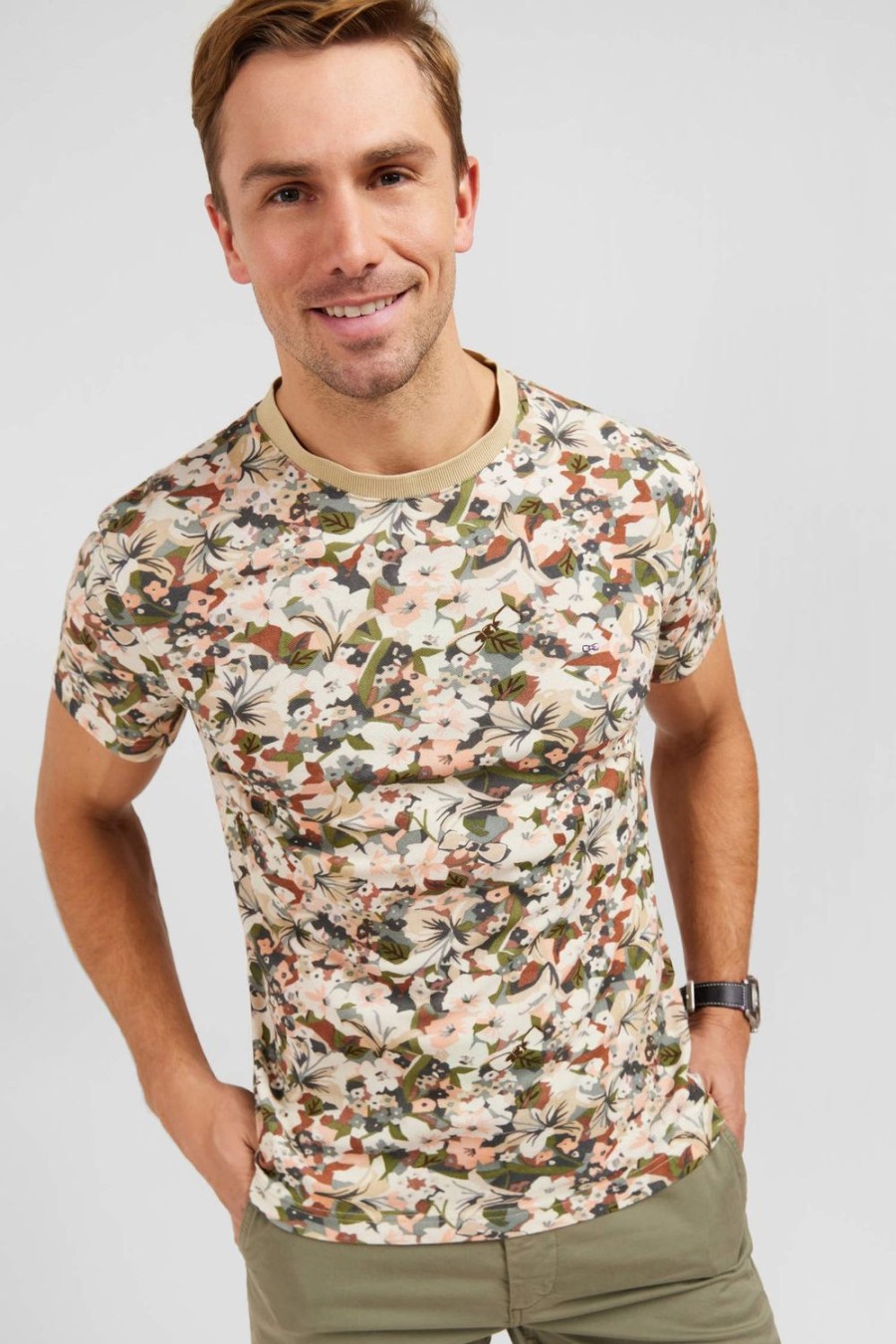 Eden Park Ecru Cotton Pique T-Shirt With Floral Print | T-Shirts