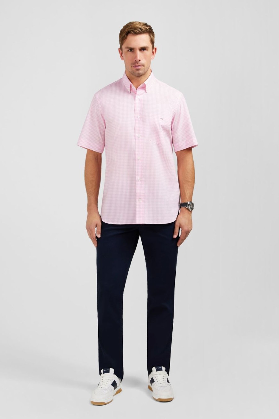 Eden Park Light Pink Checked Blouse | Short-Sleeved Shirts