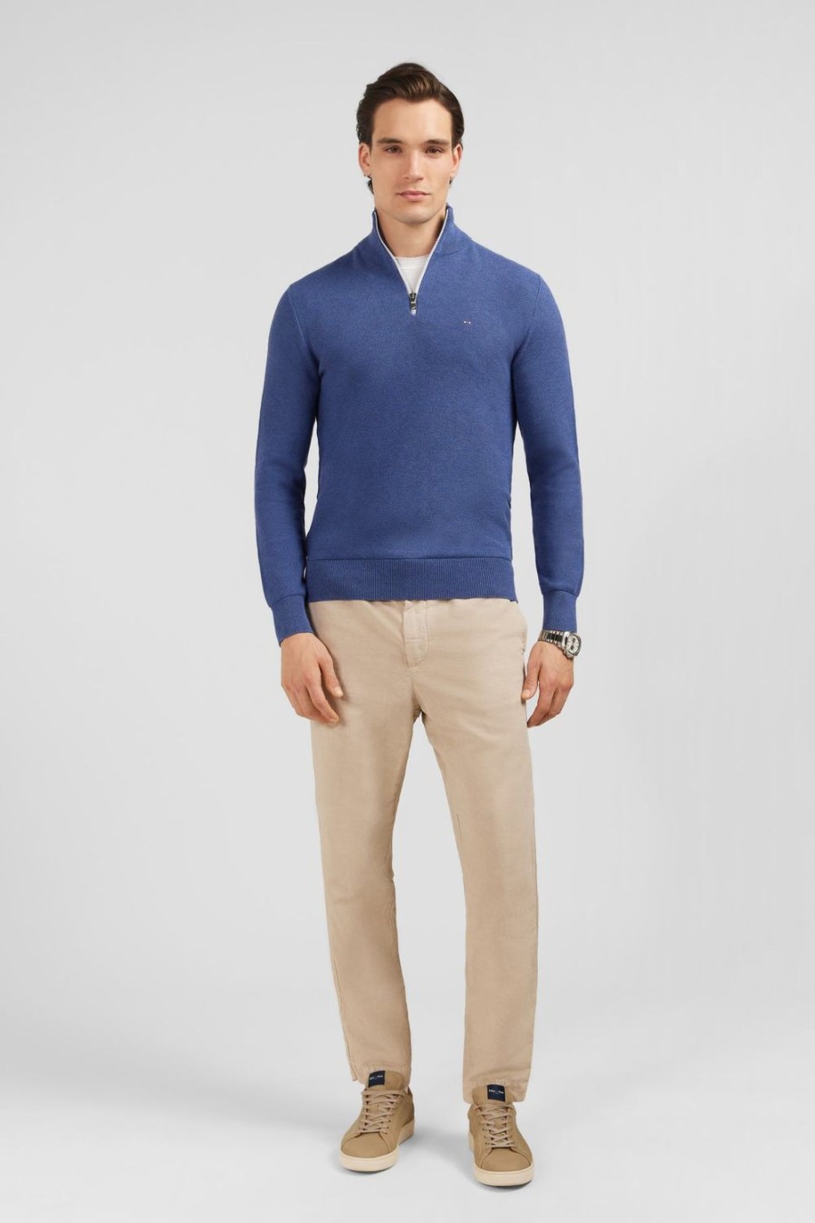 Eden Park Blue Semi-Zipped Sweater In Cotton | Sweaters