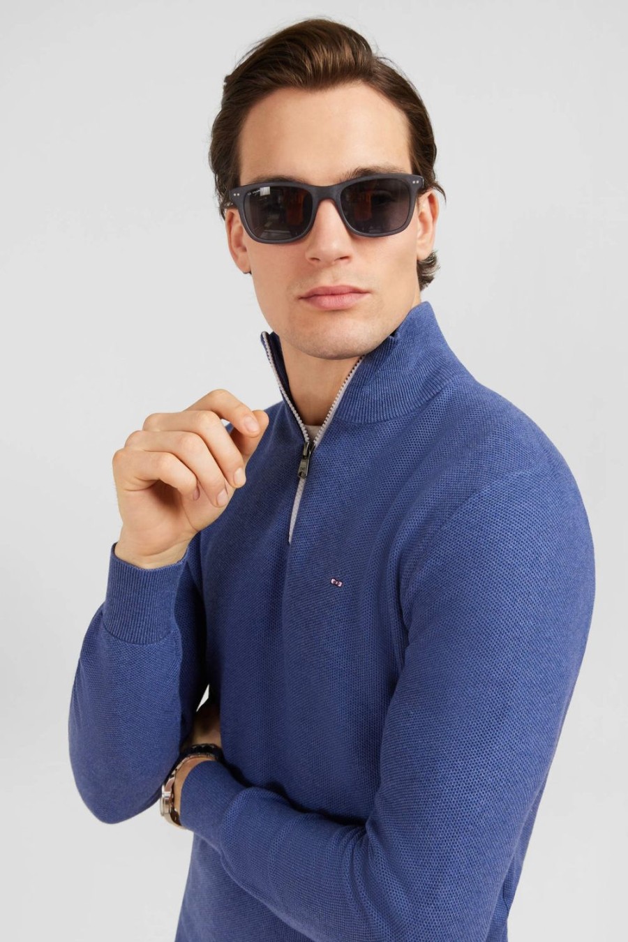 Eden Park Blue Semi-Zipped Sweater In Cotton | Sweaters