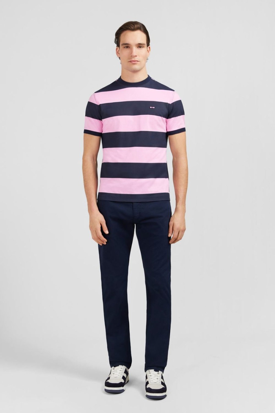 Eden Park Short-Sleeved Navy And Pink Cotton T-Shirt With Ribbon Trim | T-Shirts