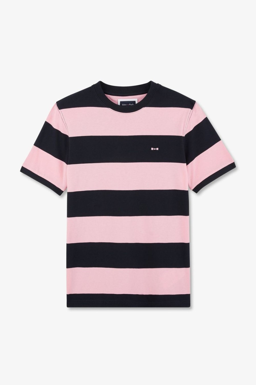 Eden Park Short-Sleeved Navy And Pink Cotton T-Shirt With Ribbon Trim | T-Shirts