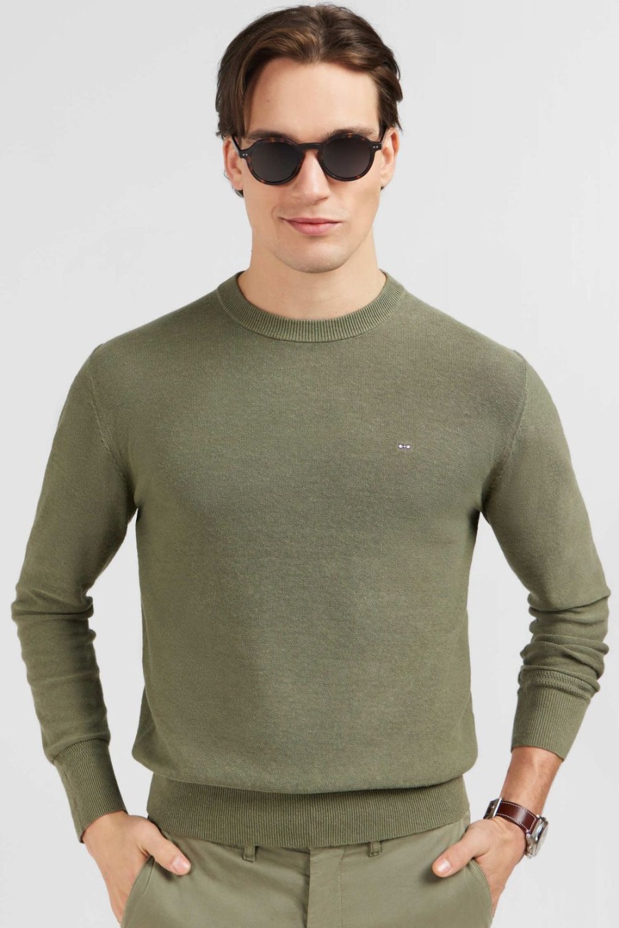 Eden Park Khaki Jumper In A Linen Blend | Sweaters